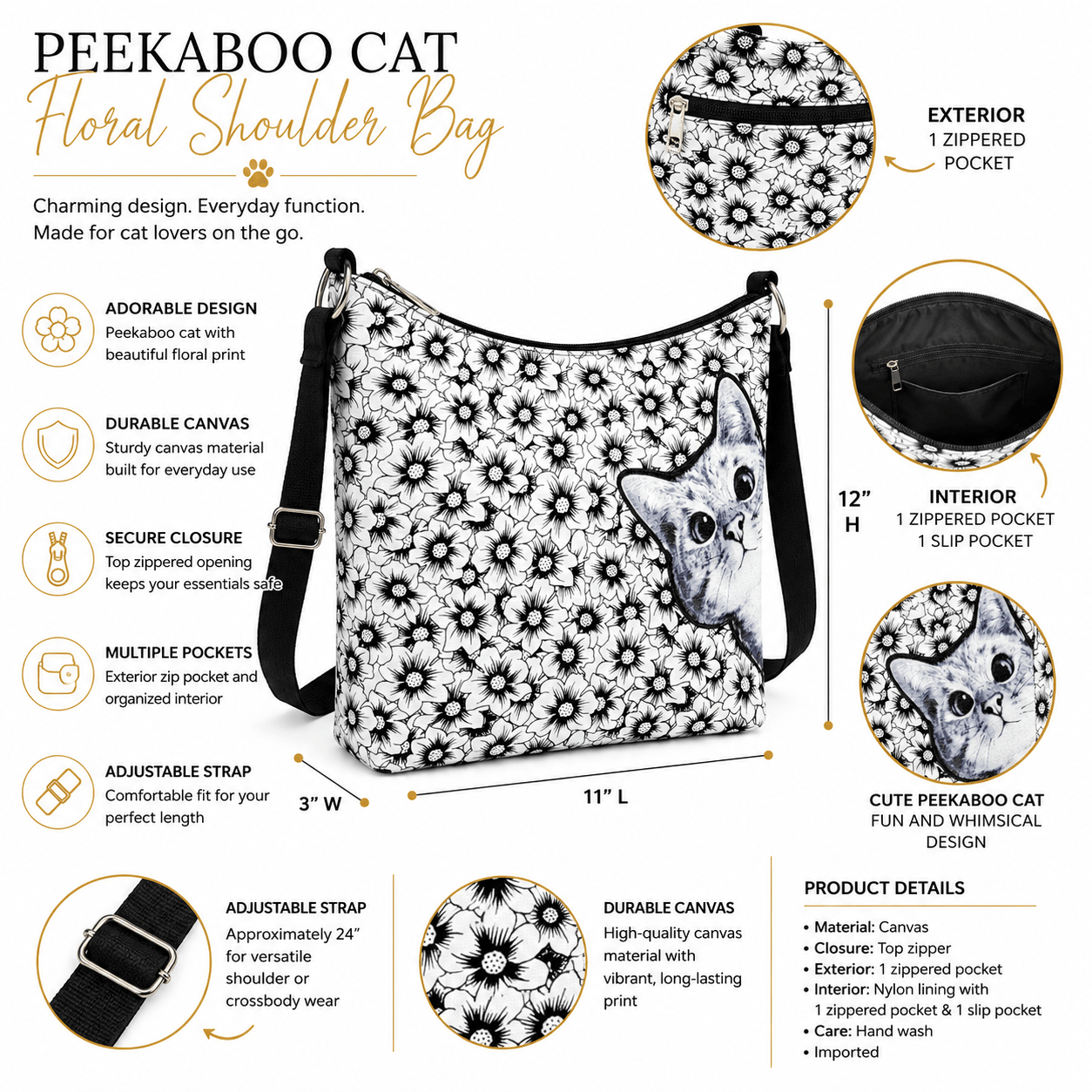 Infographic showing the features of the peekaboo cat floral canvas shoulder bag including pockets, adjustable strap, and dimensions