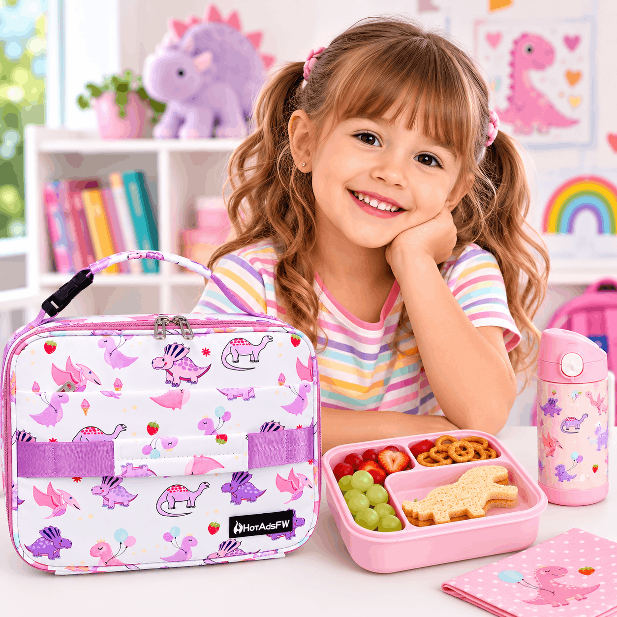 Child enjoying lunchtime with the Pink Dinosaur Kids Insulated Lunch Box on a table beside a healthy meal.