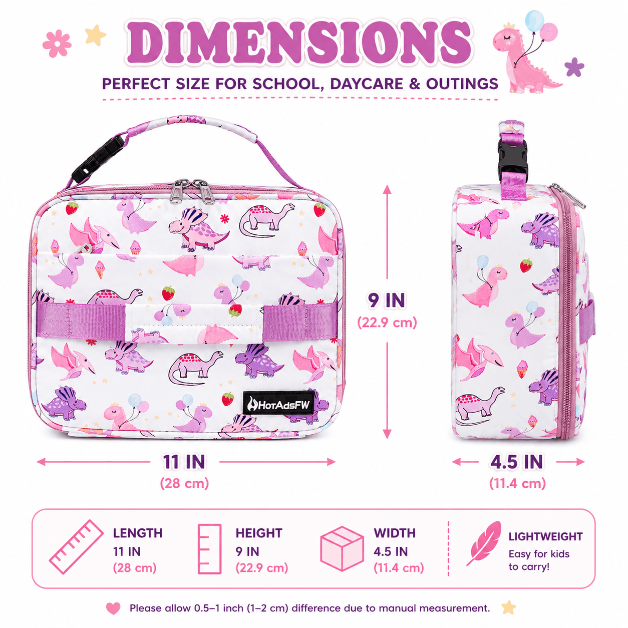 Dimensions infographic showing the Pink Dinosaur Kids Insulated Lunch Box measuring approximately 11 inches long, 4.5 inches wide, and 9 inches high.