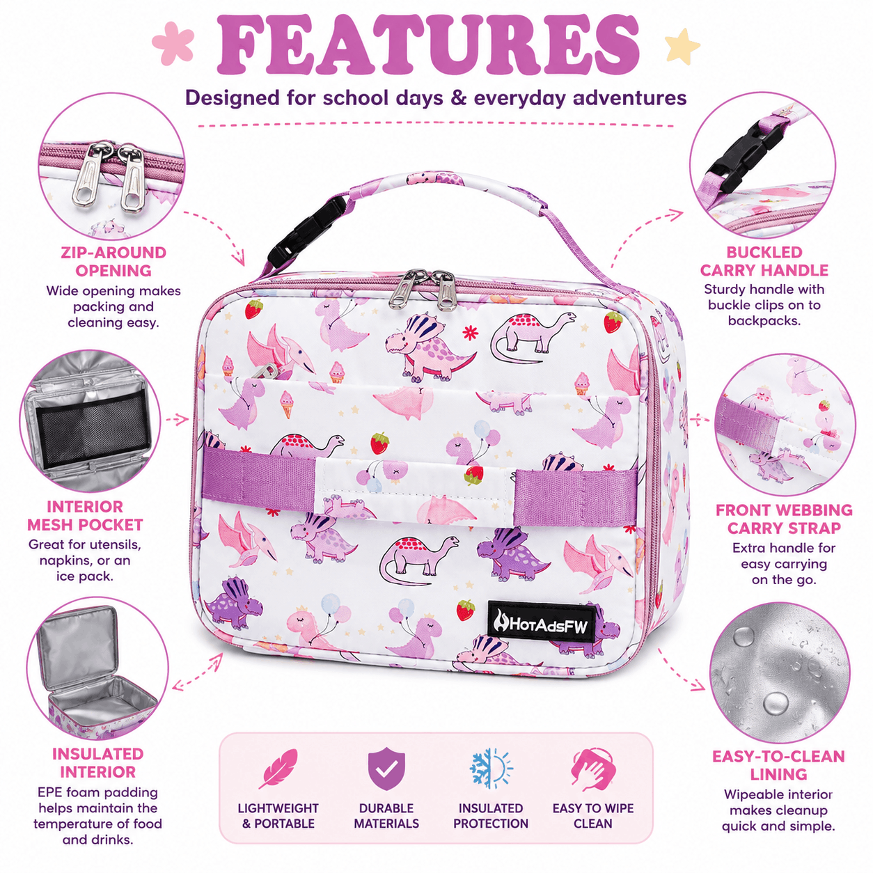 Infographic highlighting the Pink Dinosaur Kids Insulated Lunch Box features including insulated lining, interior mesh pocket, easy-clean lining, and buckled carry handle.