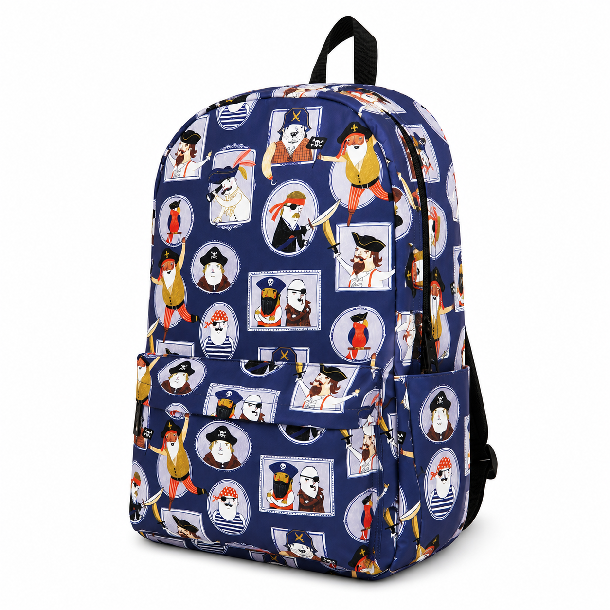 45-degree angled view of the Pirate Kids Polyester School Backpack showing the front pocket and side profile