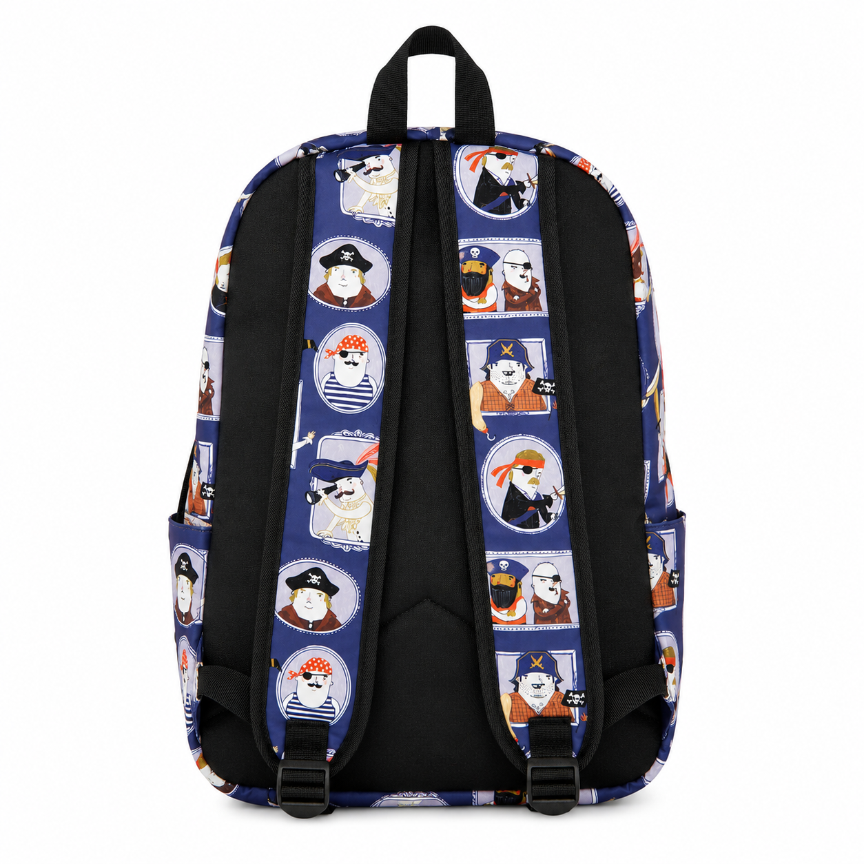 Back view of the Pirate Kids Polyester School Backpack showing padded back panel and adjustable shoulder straps
