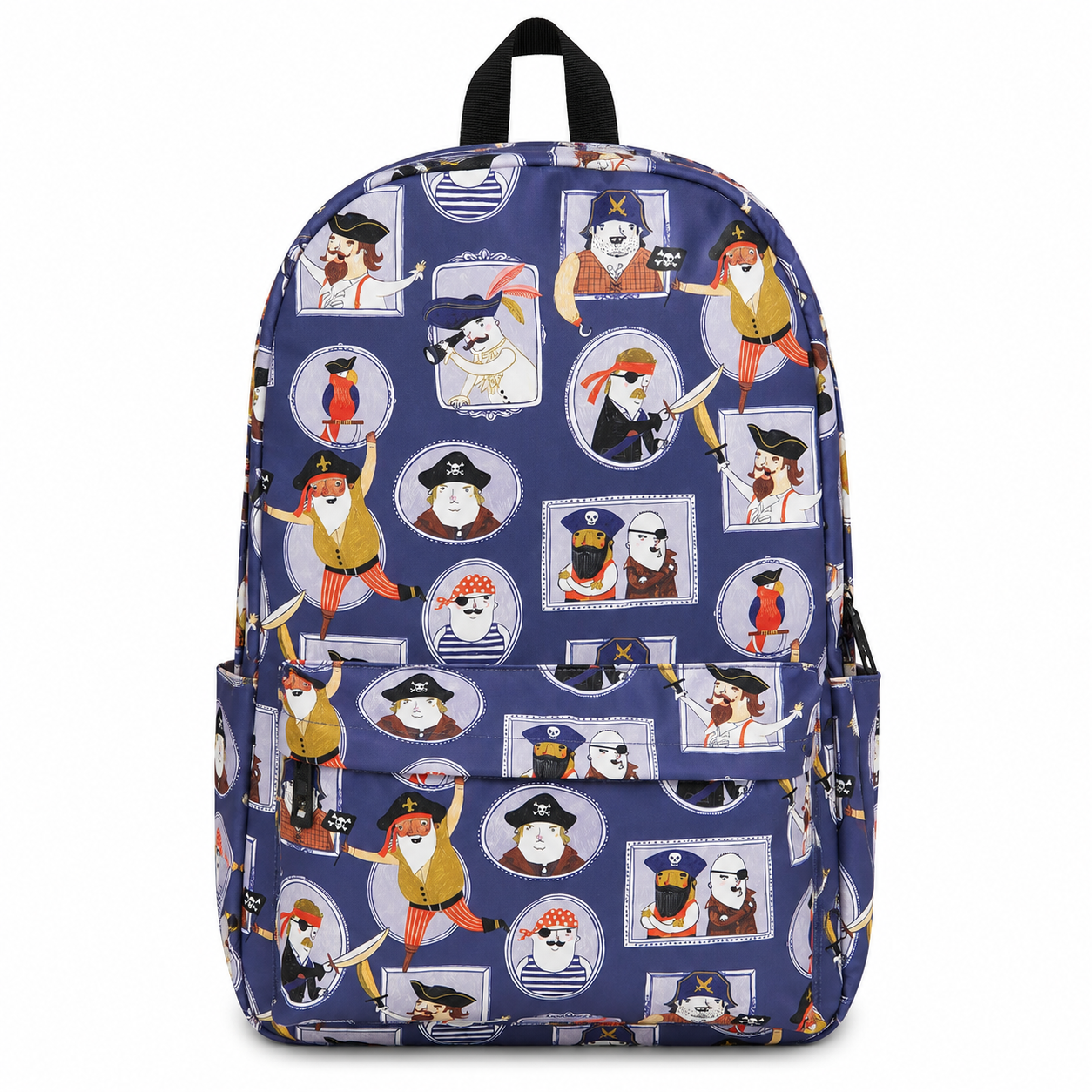 Pirate Kids Polyester School Backpack front view with colorful pirate character print on a white background