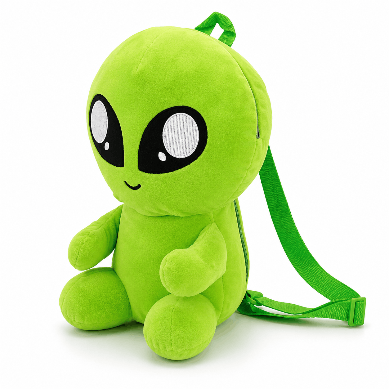 Plush Baby Alien Mini Backpack angled view showing the soft plush alien design and adjustable shoulder strap.