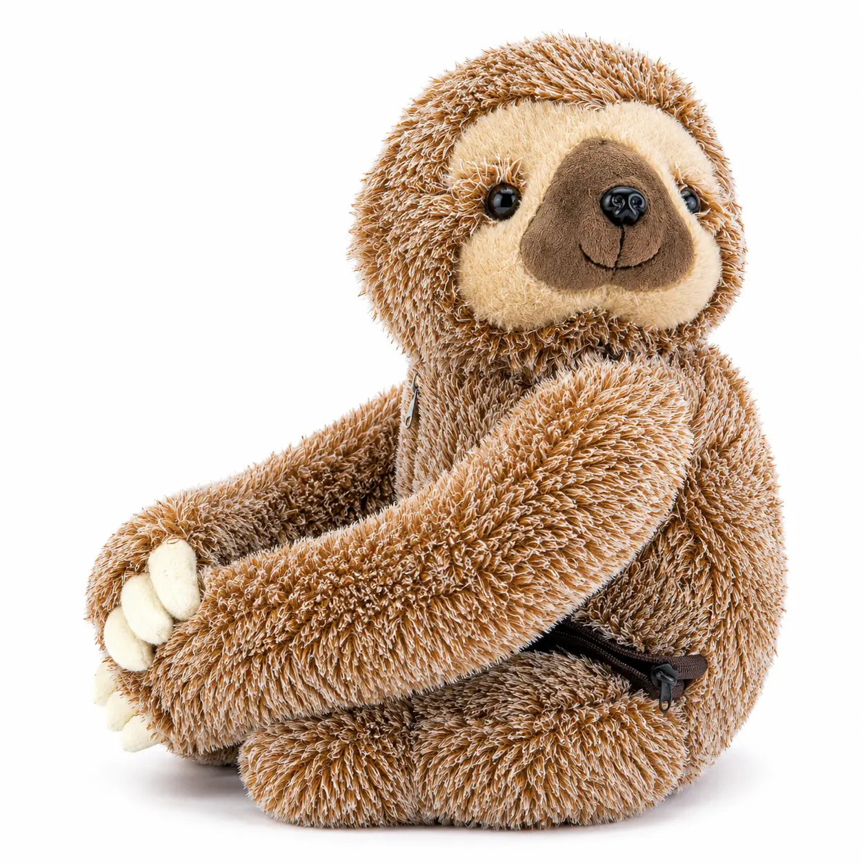 Plush sloth mini backpack front view with soft plush fabric and adjustable shoulder straps