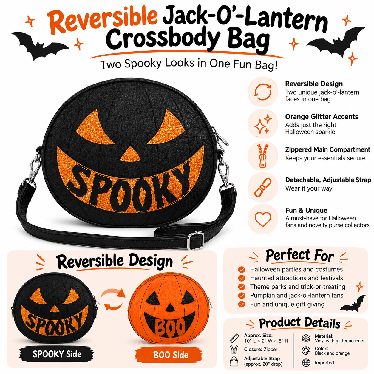 Product infographic showing both reversible pumpkin faces, key features, dimensions, adjustable strap, and product details for the Reversible Jack-O'-Lantern Crossbody Bag.