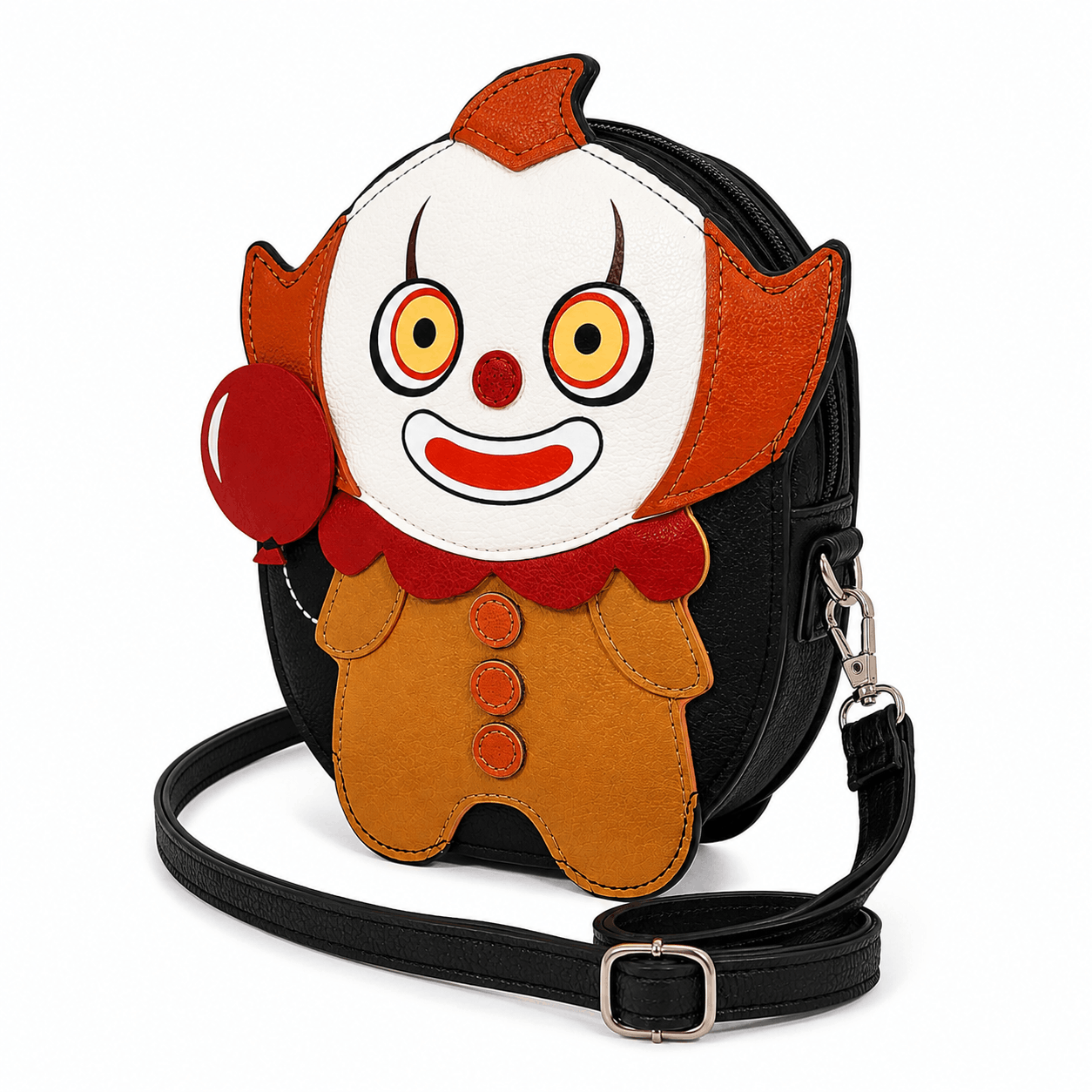 Angled view of the Scary Clown Crossbody Bag showing the dimensional clown design, red balloon, and side profile.