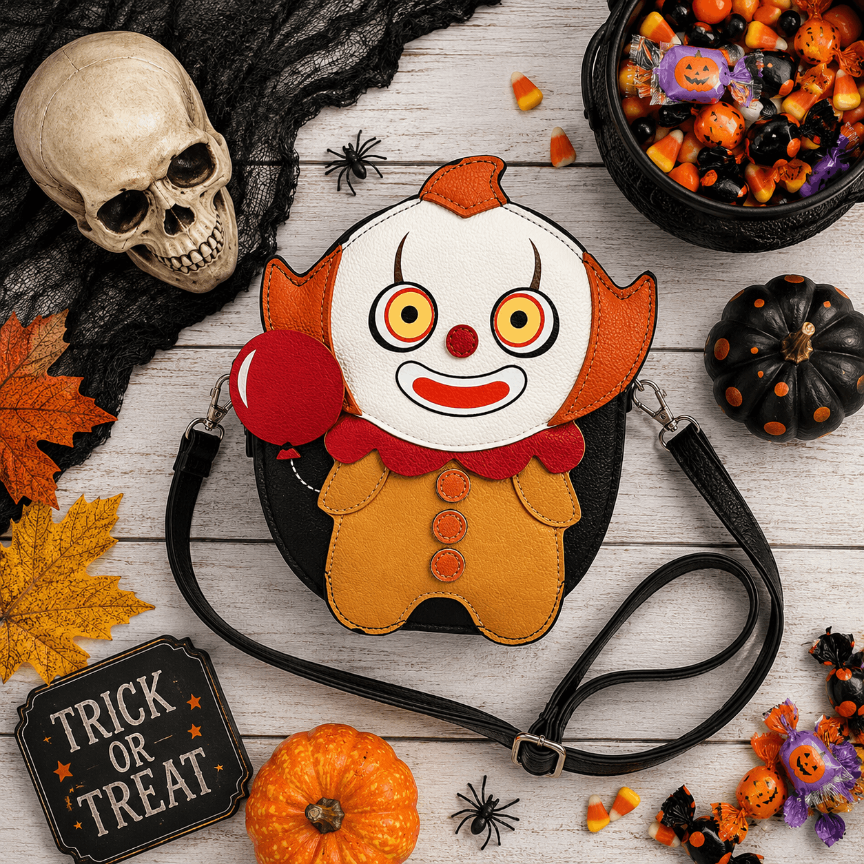 Scary Clown Crossbody Bag displayed in a Halloween-themed flat lay with seasonal decorations and spooky accents.