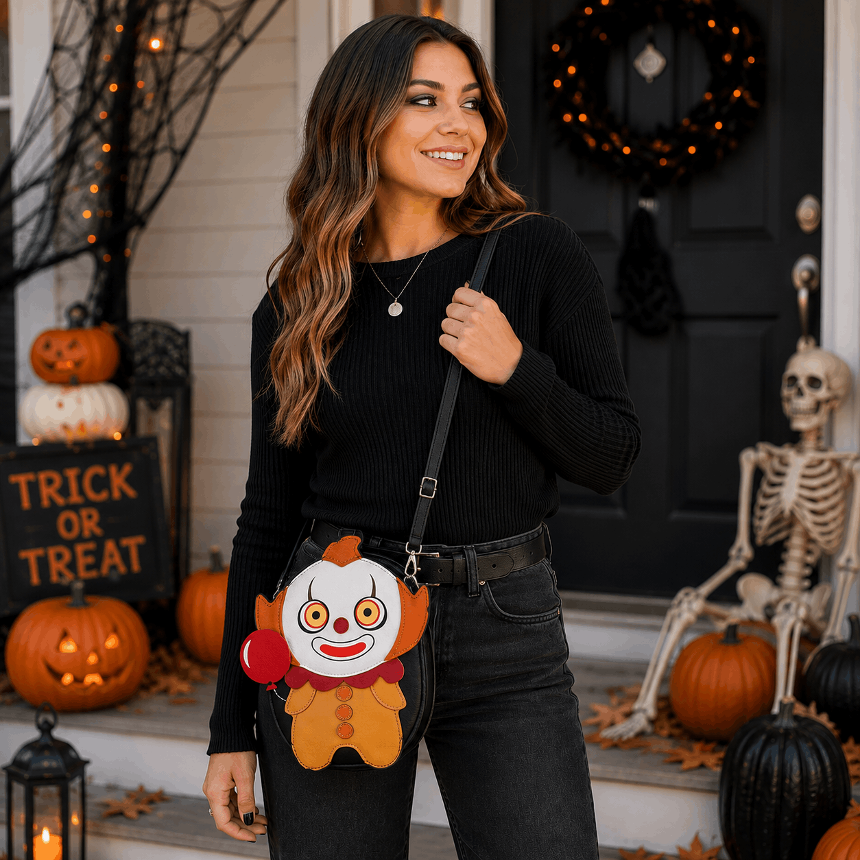 Model wearing the Scary Clown Crossbody Bag as a crossbody purse in a Halloween-themed outdoor setting.