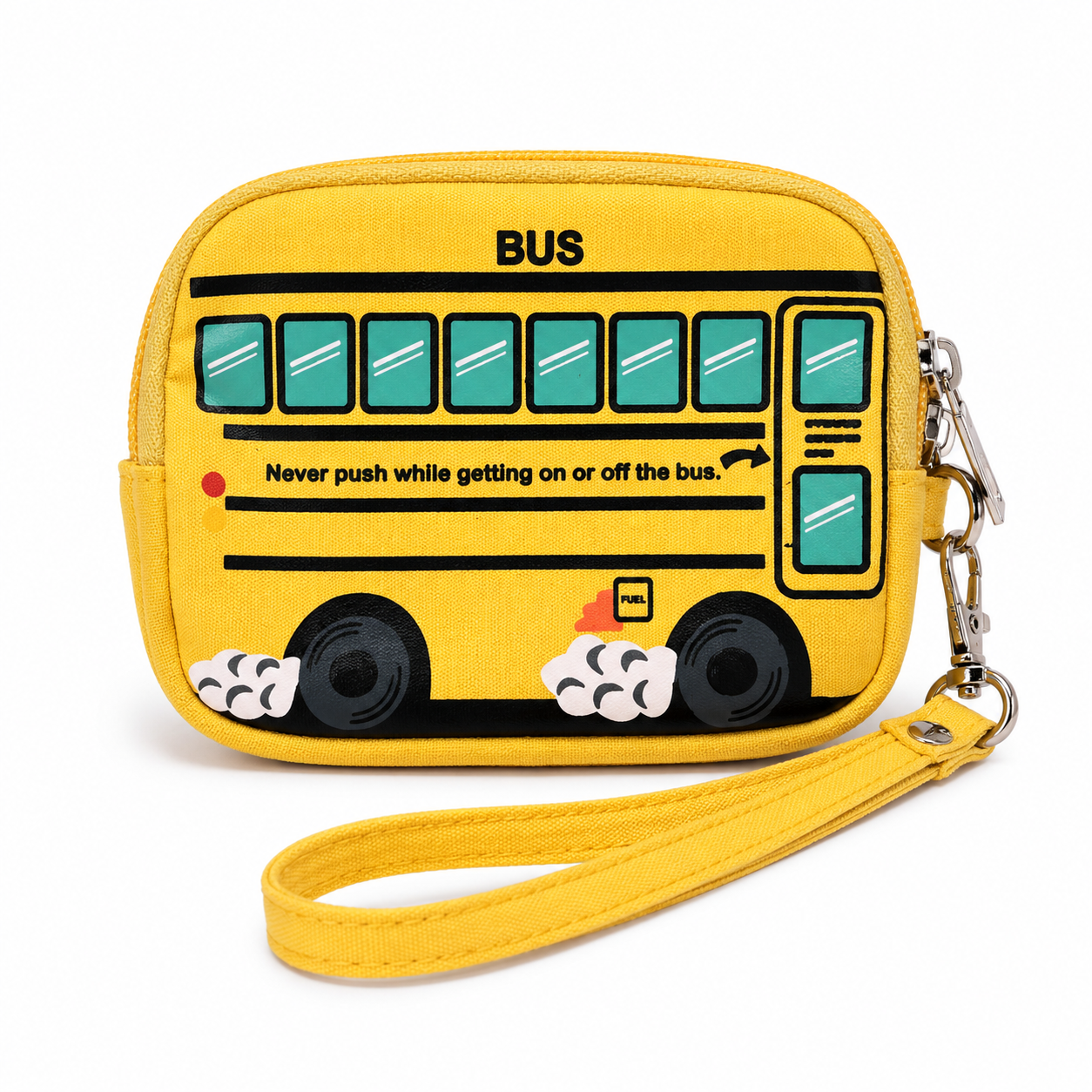School Bus Mini Wristlet featuring a bright yellow school bus design with dual zippered compartments.