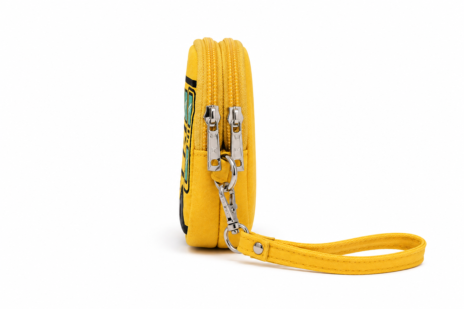 Side profile of the School Bus Mini Wristlet showing its compact dual-compartment design.