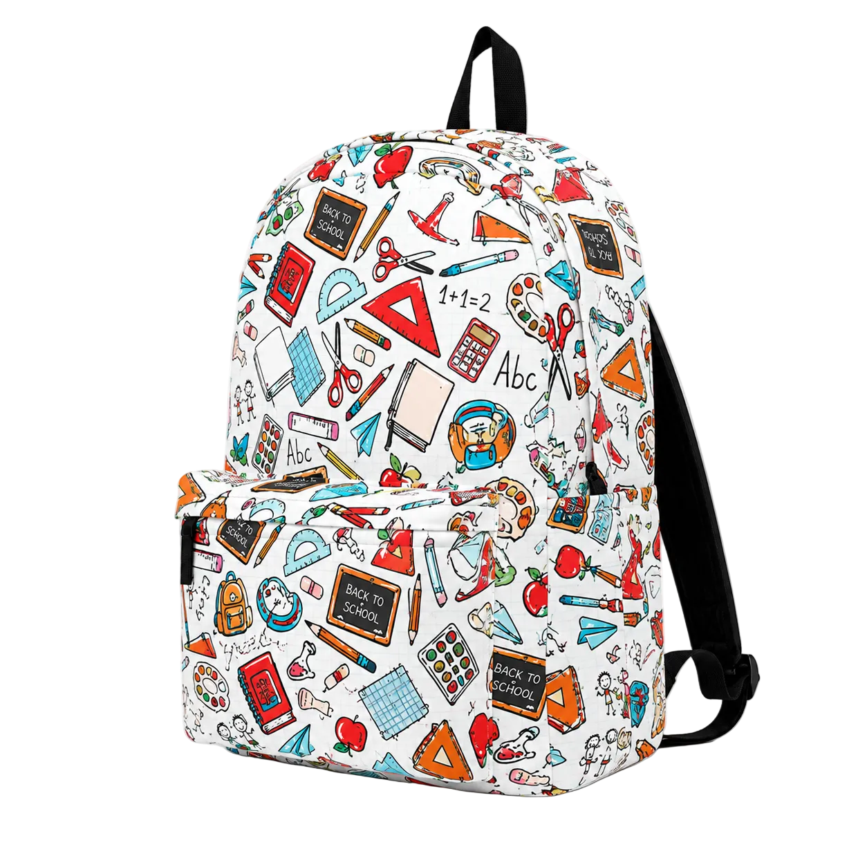 School Days Backpack angled view showing front pocket, side pocket, and colorful school-themed print
