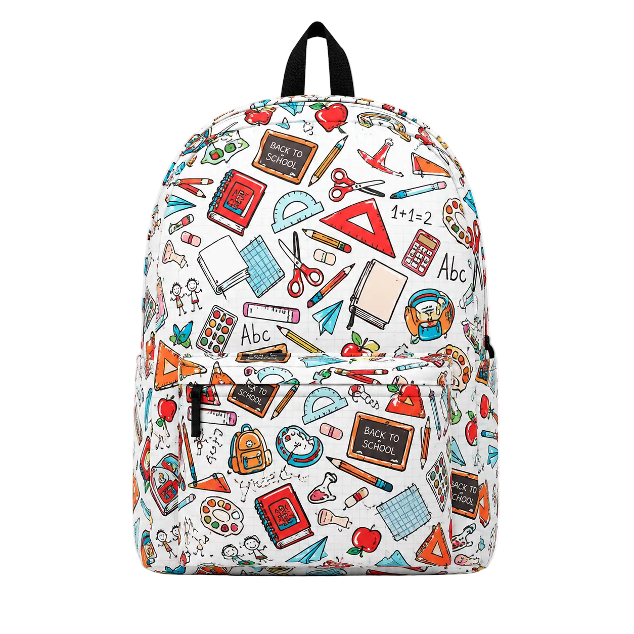 School Days Backpack with colorful school supplies print on white background