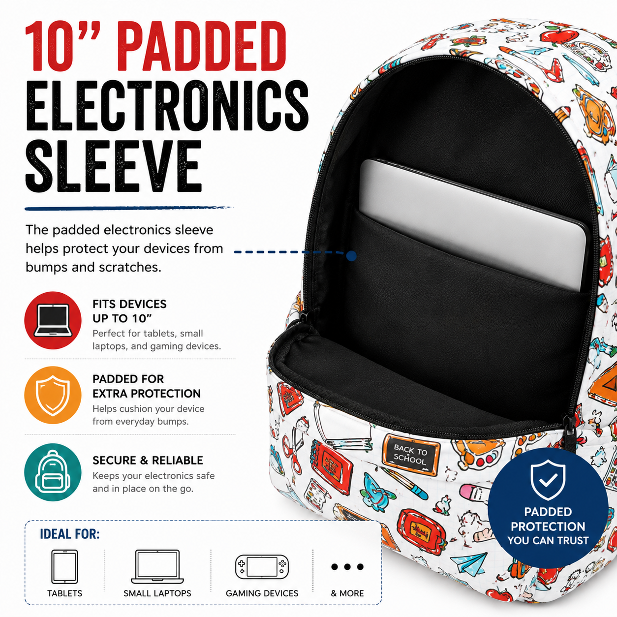 School Days Backpack 10-inch padded electronics sleeve for tablets, small laptops, and gaming devices