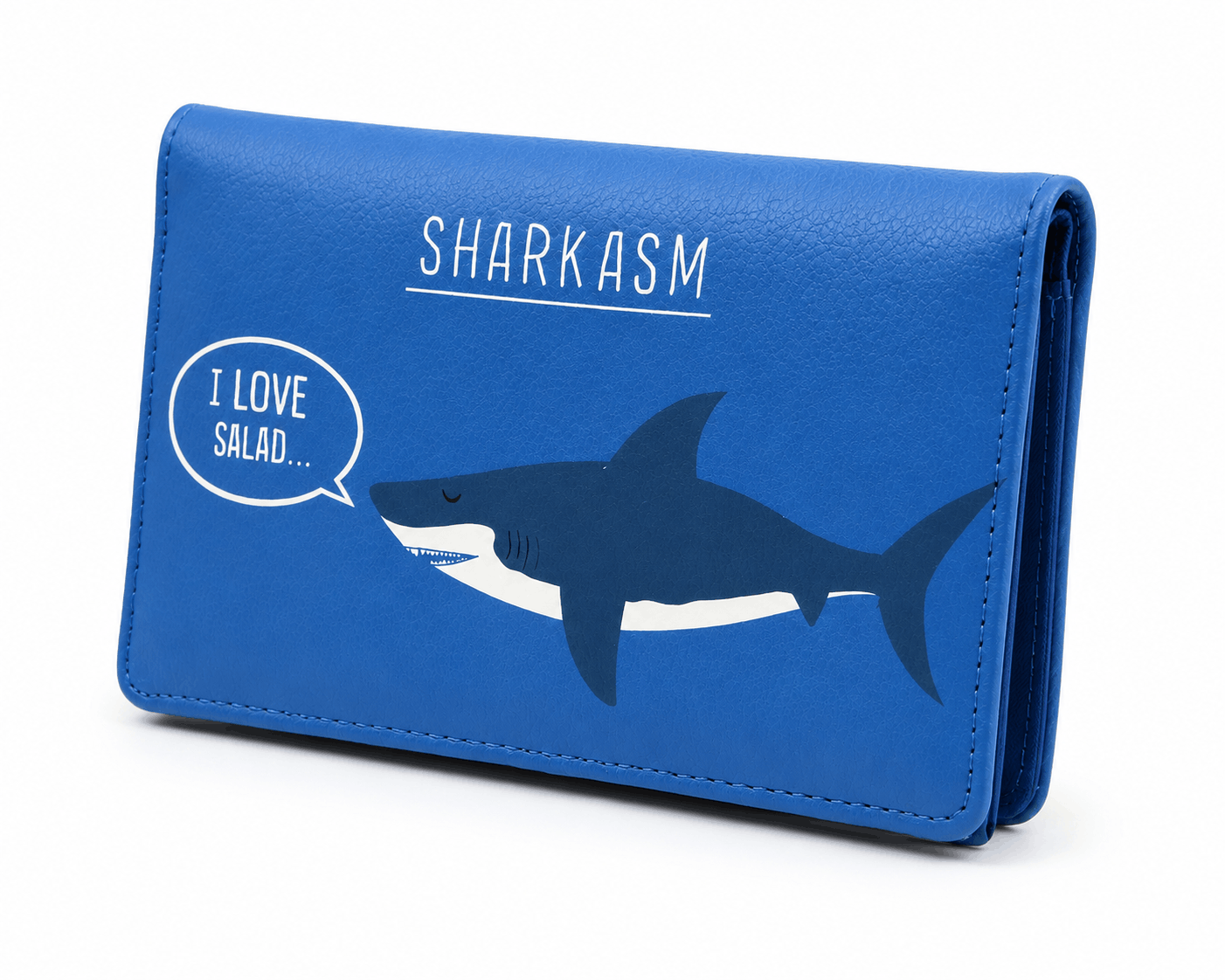Angled view of Sharkasm bifold wallet featuring a humorous shark design