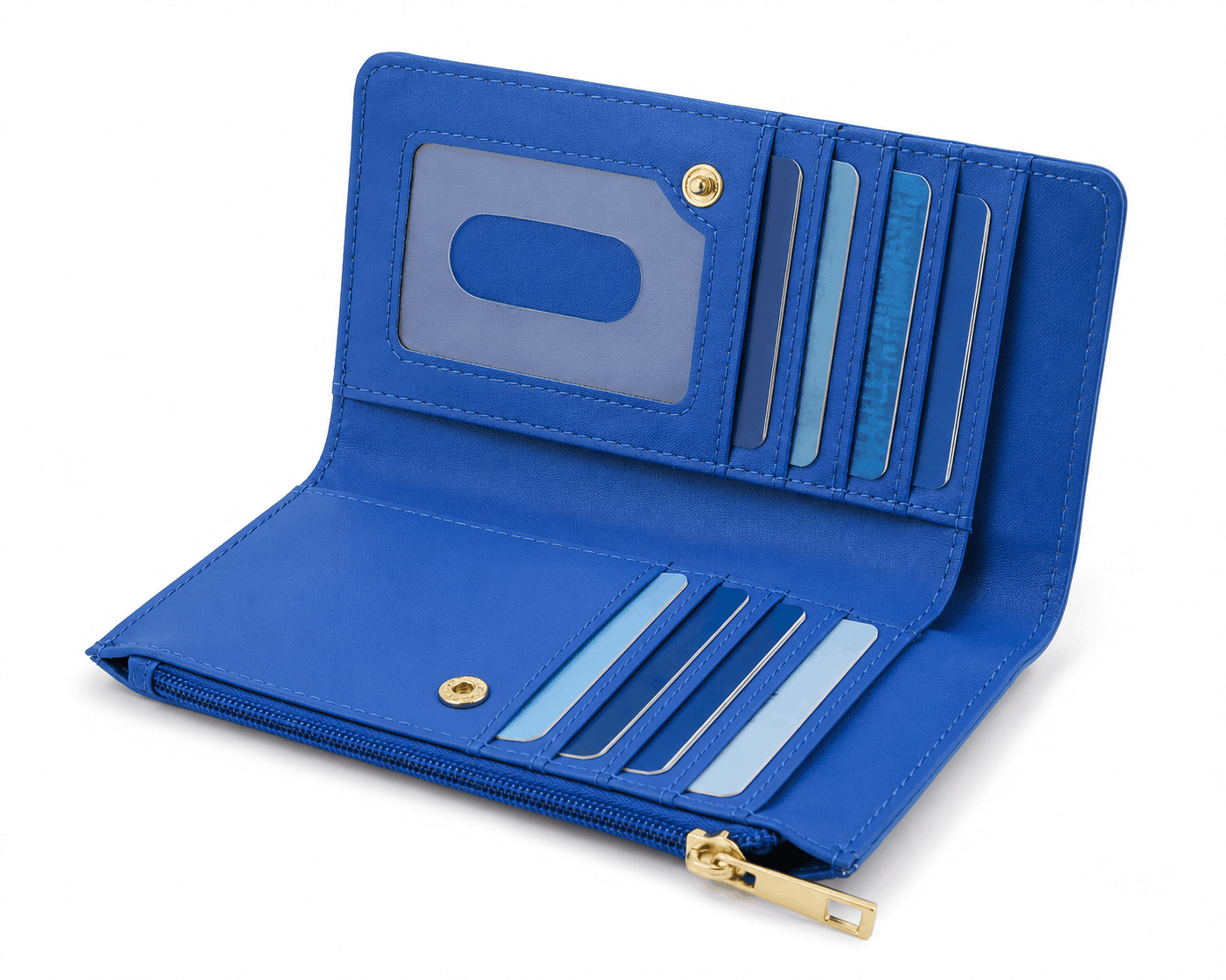 Open Sharkasm bifold wallet showing card slots, ID window, bill compartments, and zippered coin pocket