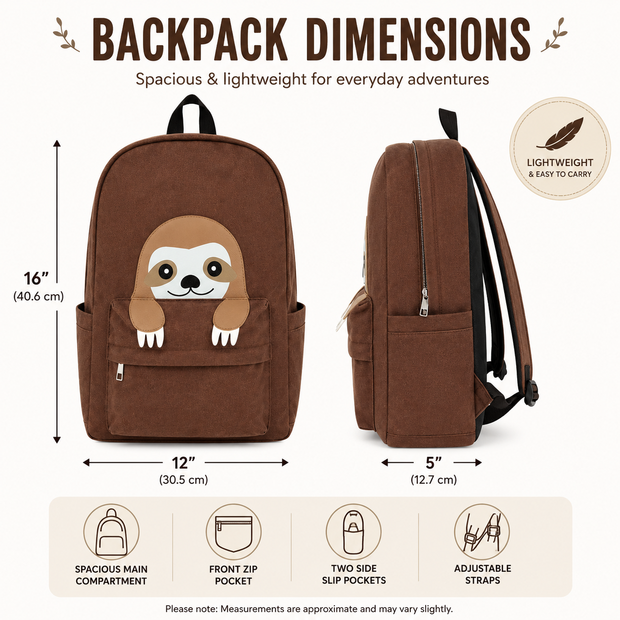Sloth backpack dimensions showing 12 x 5 x 16 inch measurements