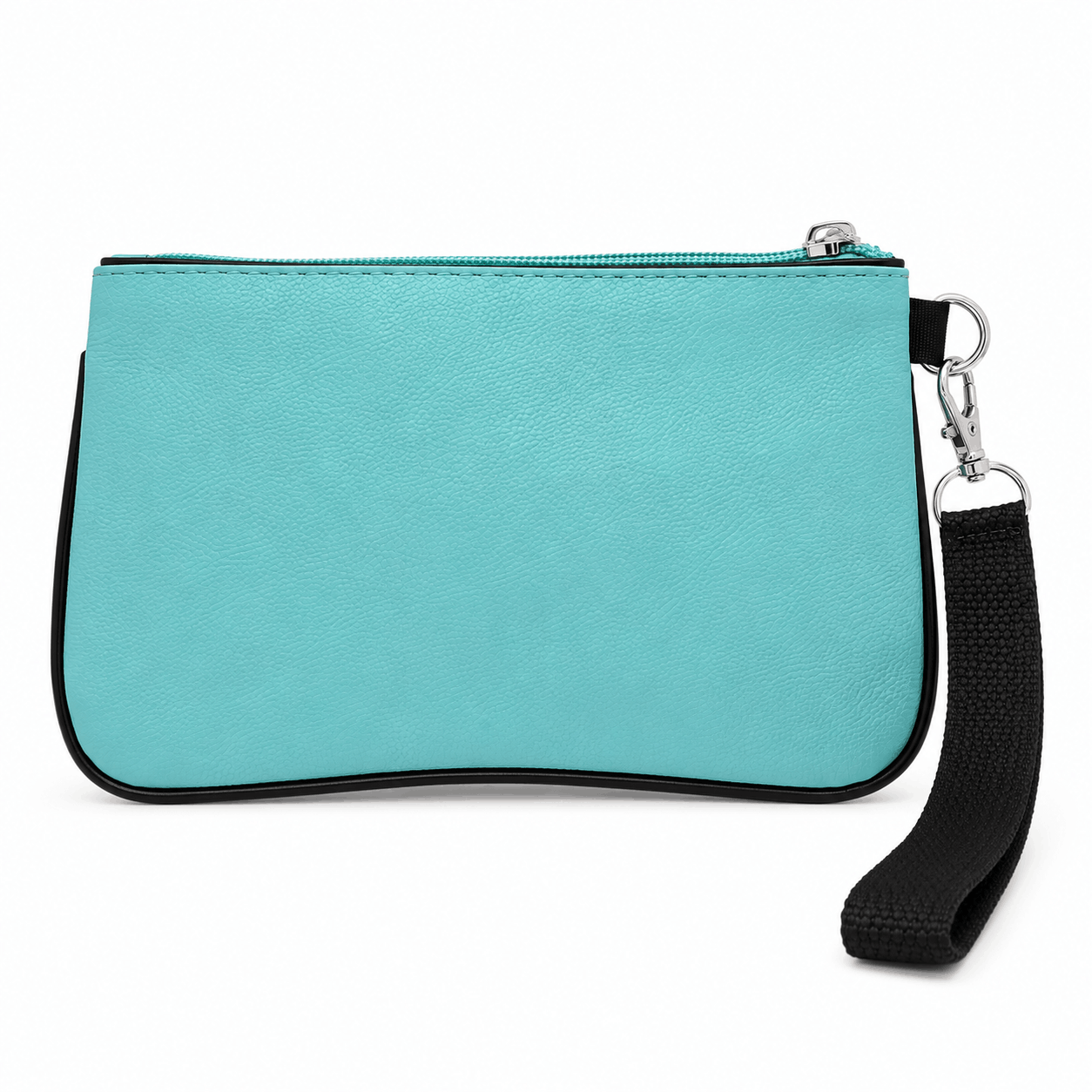 Back view of a teal sloth wristlet showing the smooth vinyl exterior and detachable wrist strap.