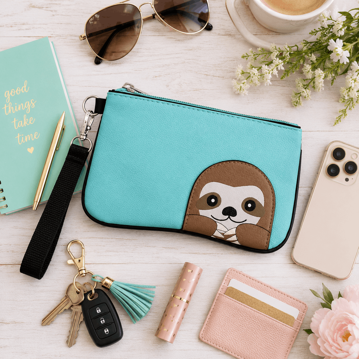Flat lay of a teal sloth wristlet with phone, sunglasses, keys, coffee, and everyday essentials on a light wood surface.