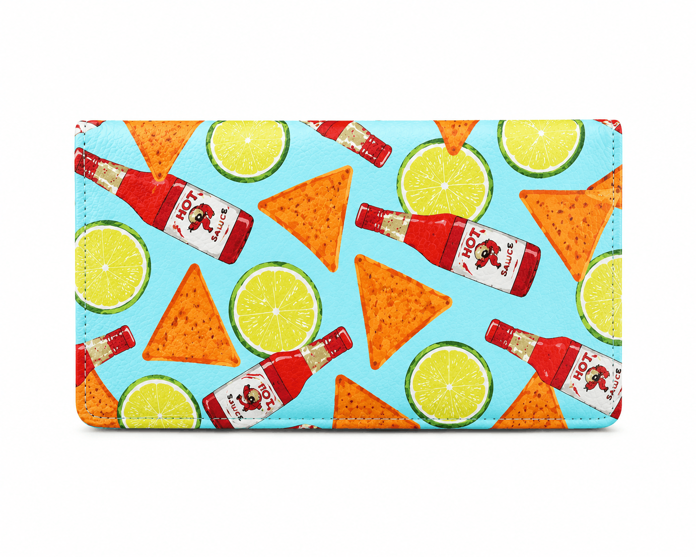 Spicy Fiesta bifold wallet with colorful hot sauce, tortilla chip, and lime design on a white background
