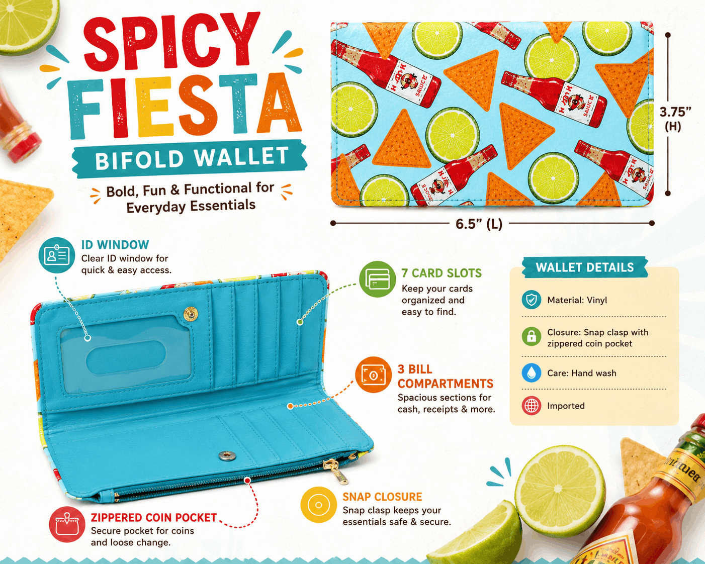 Infographic highlighting the Spicy Fiesta bifold wallet features, dimensions, card slots, ID window, and zippered coin pocket
