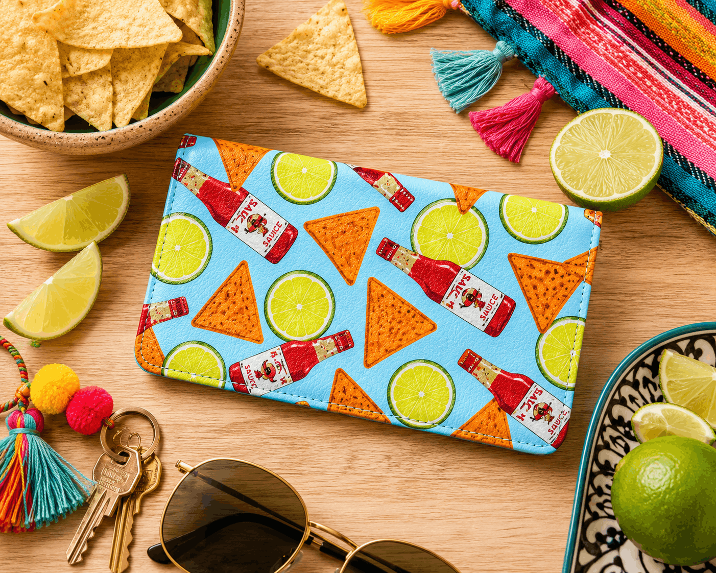 Spicy Fiesta bifold wallet displayed with colorful fiesta-inspired accessories, tortilla chips, and fresh limes