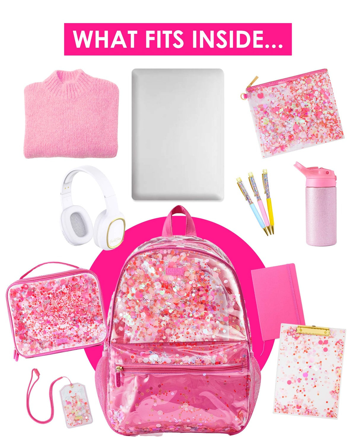 What-fits-inside infographic for the Sweet Tart Pink Confetti Clear Backpack.