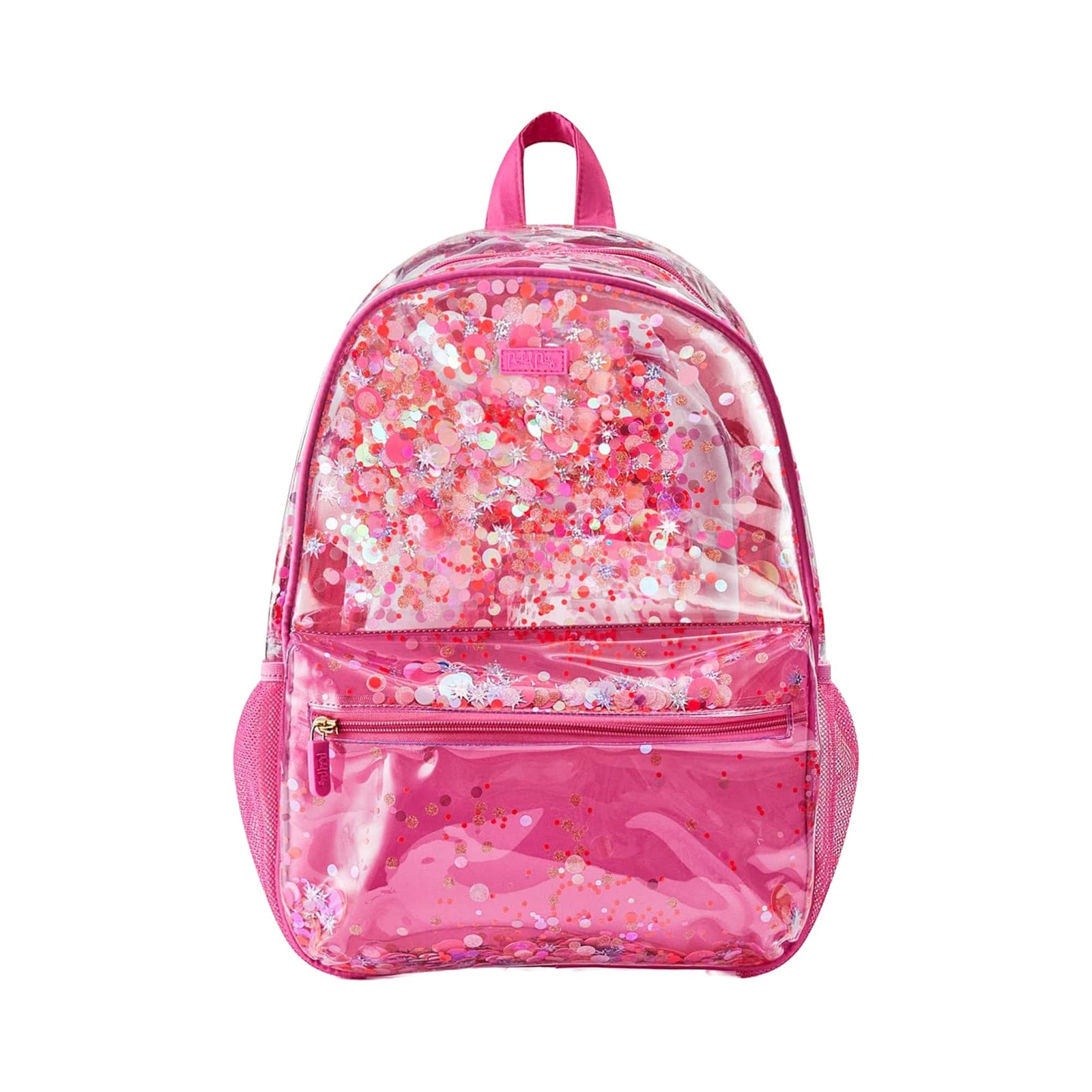 Sweet Tart Pink Confetti Clear Backpack front view with trapped pink and holographic confetti.