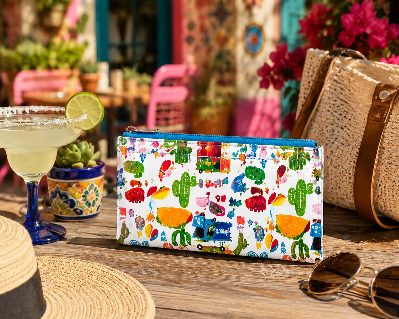 Taco Fiesta Coin Wallet displayed on an outdoor café table with sunglasses, coffee, and colorful accessories.