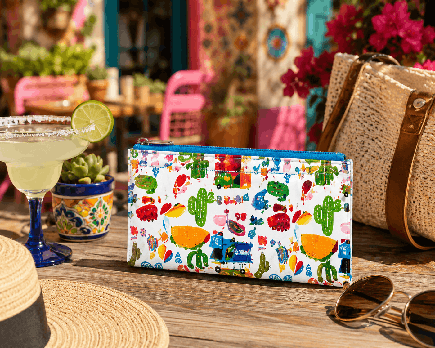 Taco Fiesta Coin Wallet displayed on an outdoor café table with sunglasses, coffee, and colorful accessories.