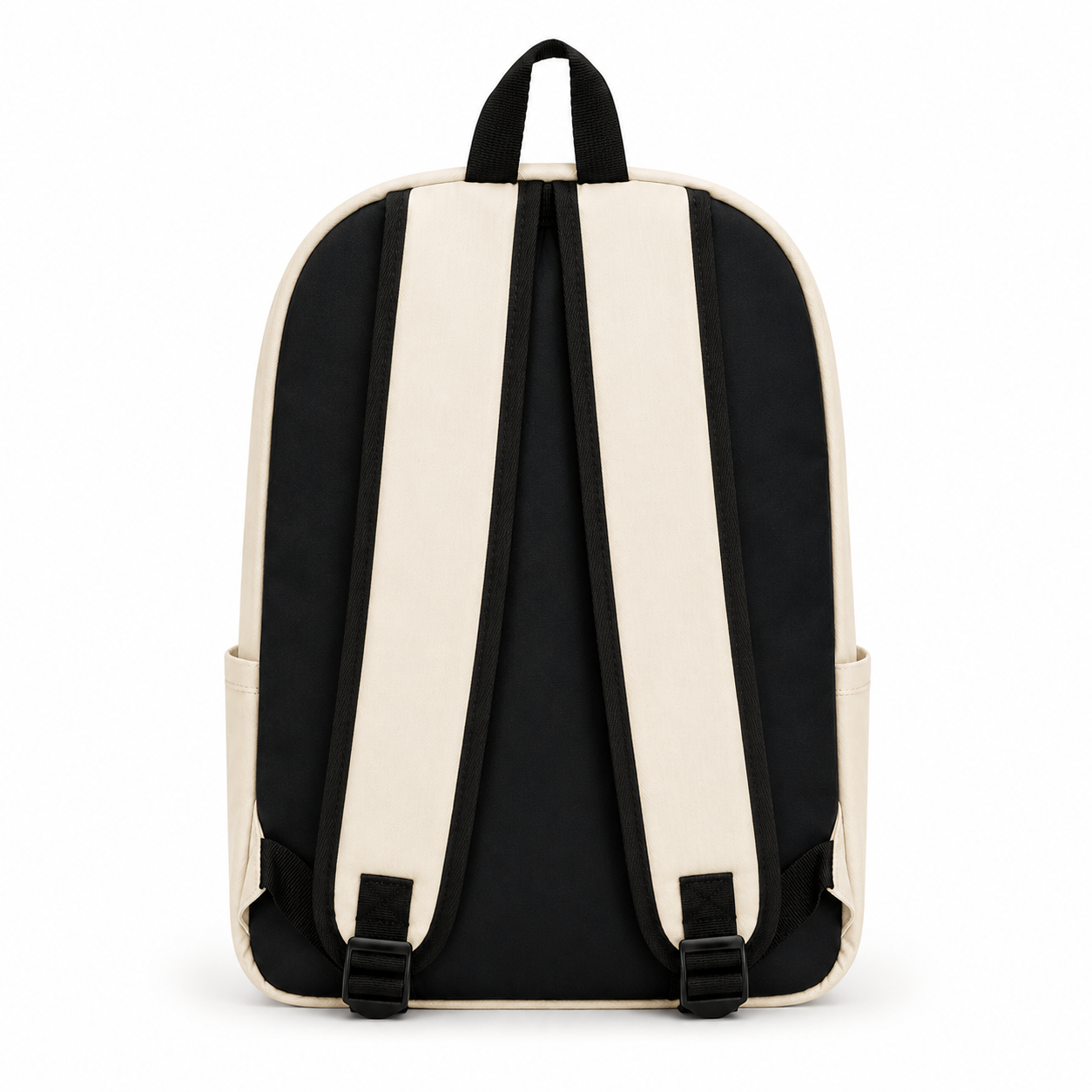 Back view of the beige Unicorn School & Travel Backpack with adjustable padded shoulder straps and padded back panel on a white background.