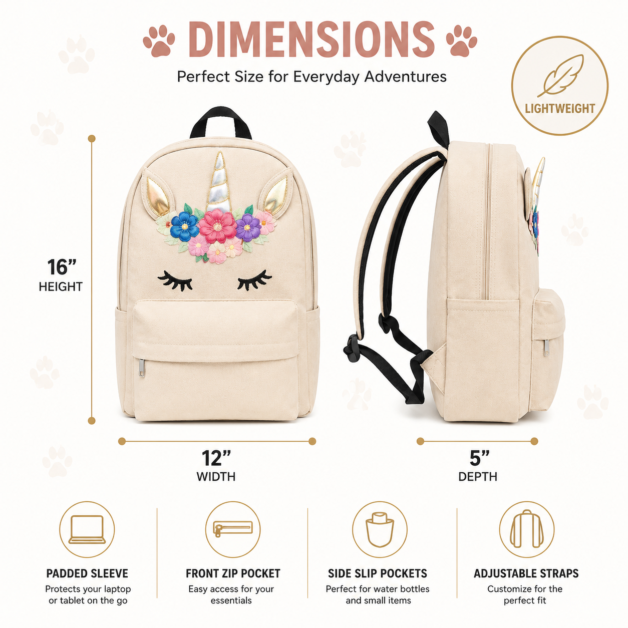 Dimensions infographic for the Unicorn School & Travel Backpack showing 12 × 5 × 16 inch size, storage pockets, adjustable straps, and lightweight construction.