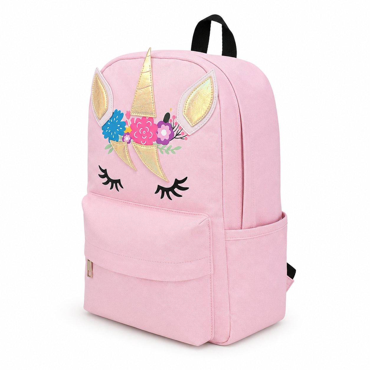 Angled view of the pink Unicorn School & Travel Backpack showing the front design, side pocket, and durable construction.
