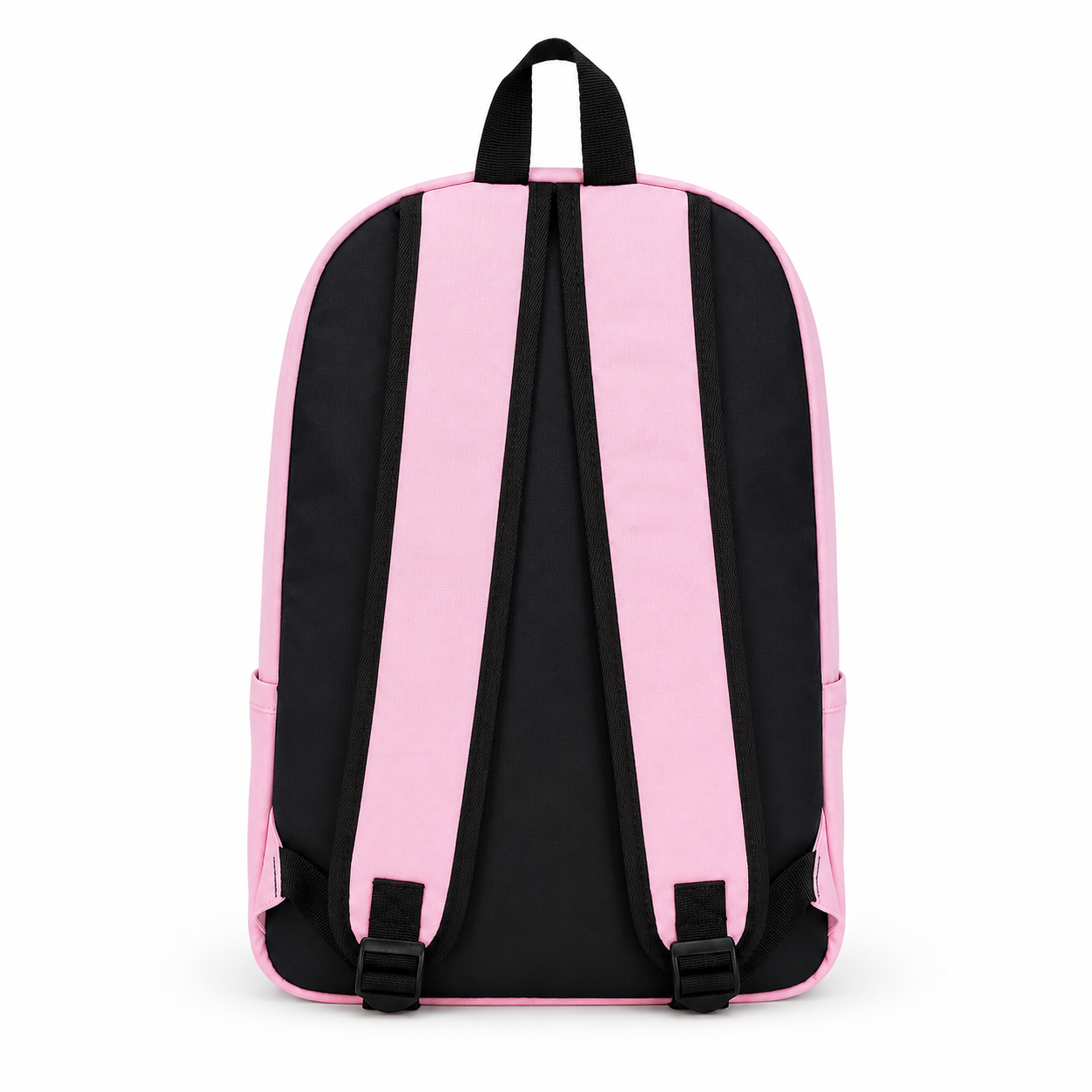 Back view of the pink Unicorn School & Travel Backpack with adjustable padded shoulder straps and padded back panel on a white background.