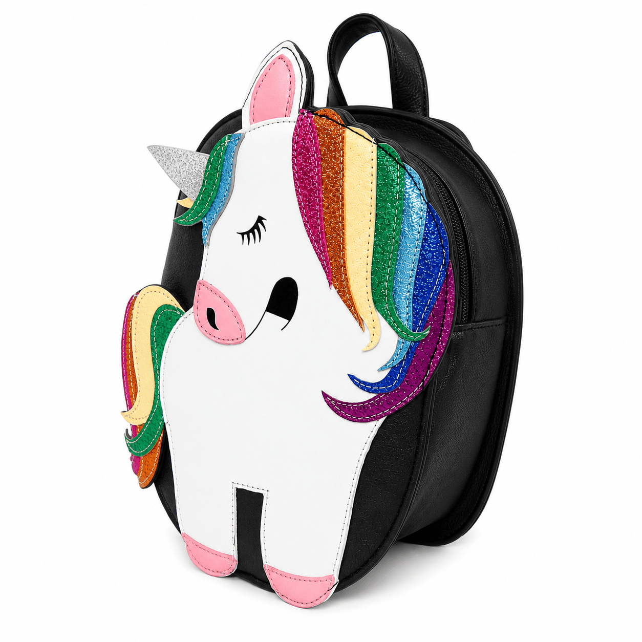 Rainbow unicorn mini backpack shown from a front angle displaying its colorful glitter mane