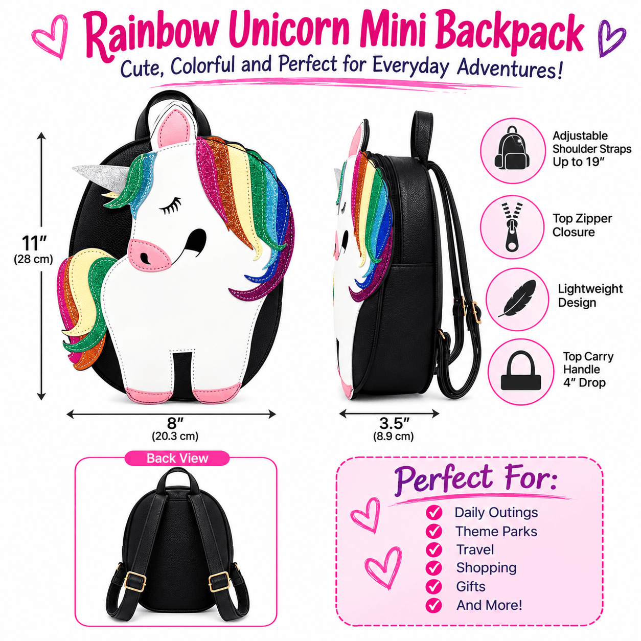 Rainbow unicorn mini backpack infographic showing dimensions, features, and multiple product views