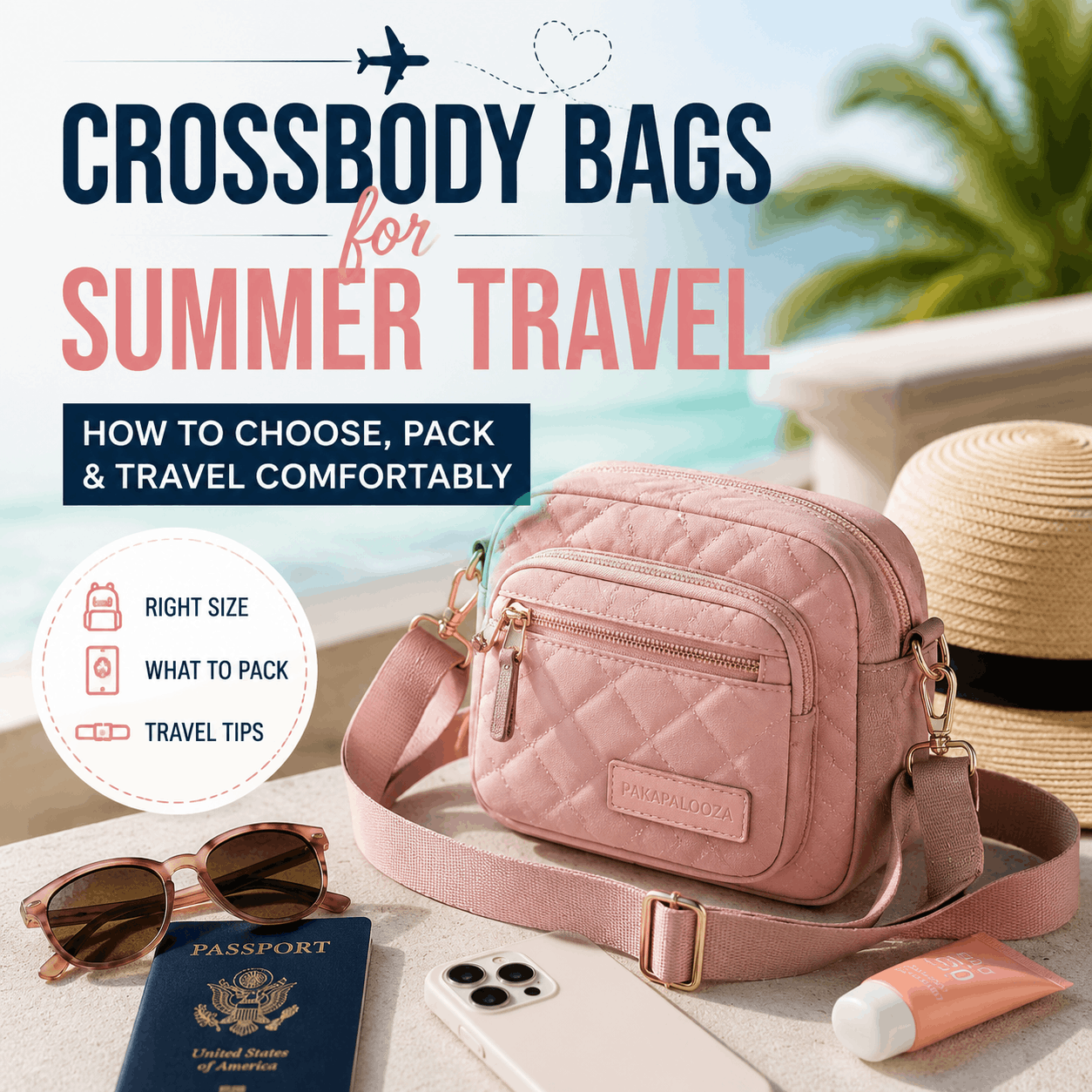 Pink crossbody bag with a passport, sunglasses, phone, sunscreen, and summer travel accessories by the ocean.