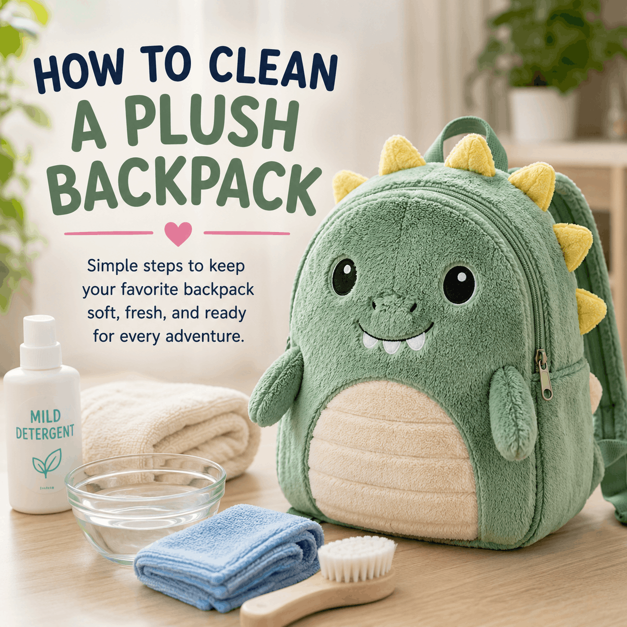 Illustration of a plush dinosaur backpack with cleaning supplies for a guide on how to clean a plush backpack.