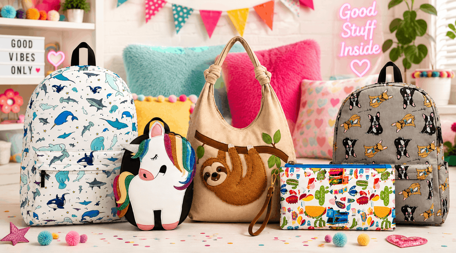 Colorful Pakapalooza collection featuring unique backpacks, shoulder bags, wristlets, and accessories for kids, teens, and adults.