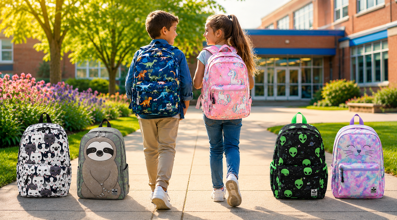 Two children walking to school wearing colorful kids school backpacks with cute animal and novelty backpack designs.