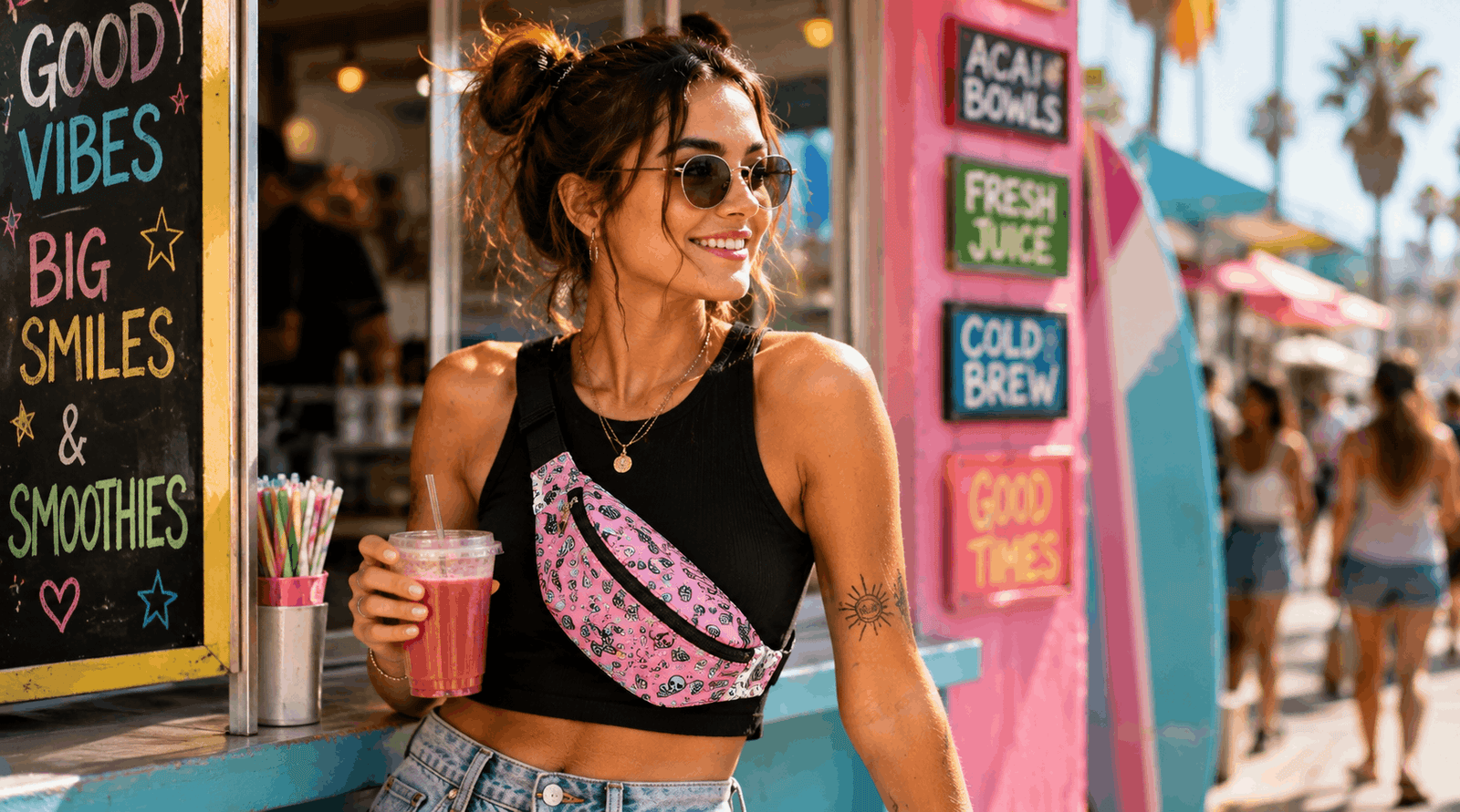 Teen wearing a pink novelty fanny pack while enjoying a colorful boardwalk, showcasing fun waist bags for travel, festivals, and everyday adventures.