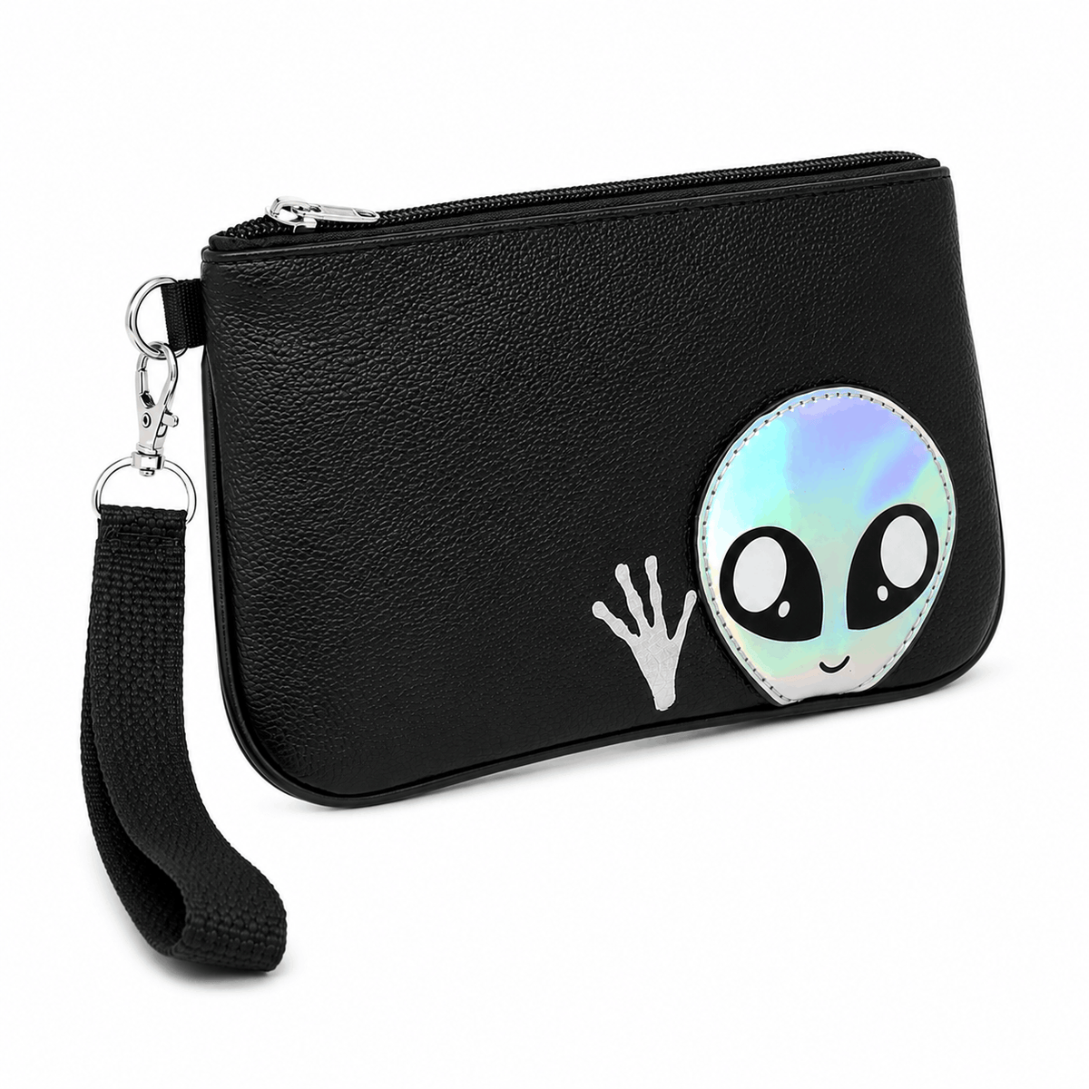 Angled view of a black alien wristlet with holographic alien artwork, durable vinyl construction, and detachable wrist strap.