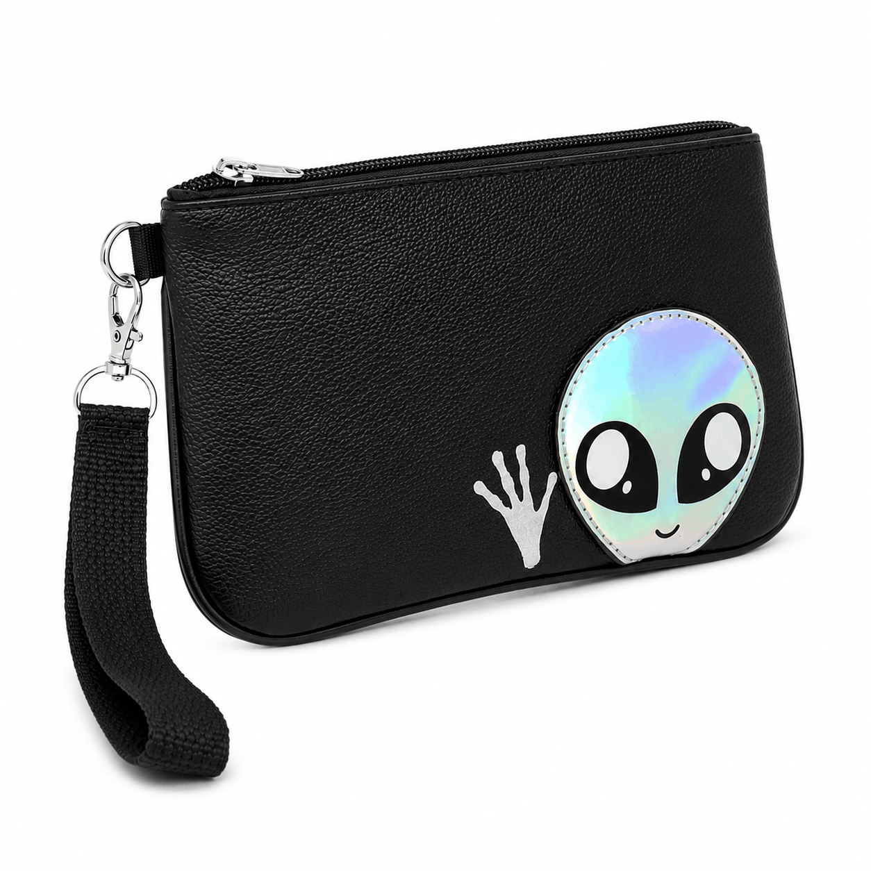 Angled view of a black alien wristlet with holographic alien artwork, durable vinyl construction, and detachable wrist strap.