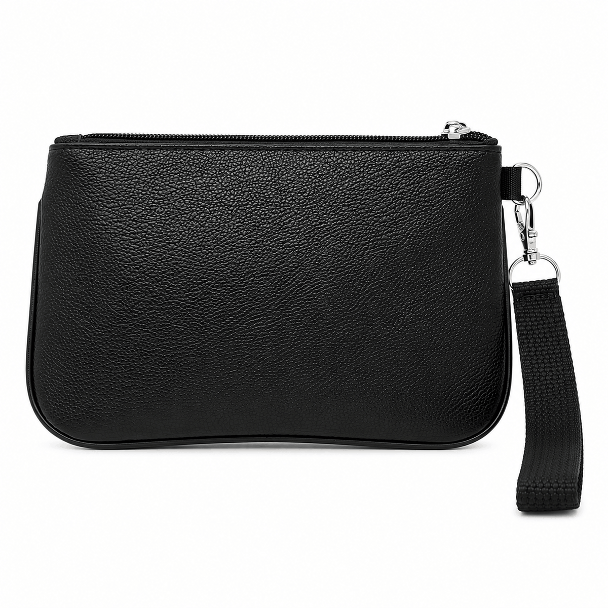 Back view of a black alien wristlet showing the smooth vinyl exterior and detachable wrist strap.