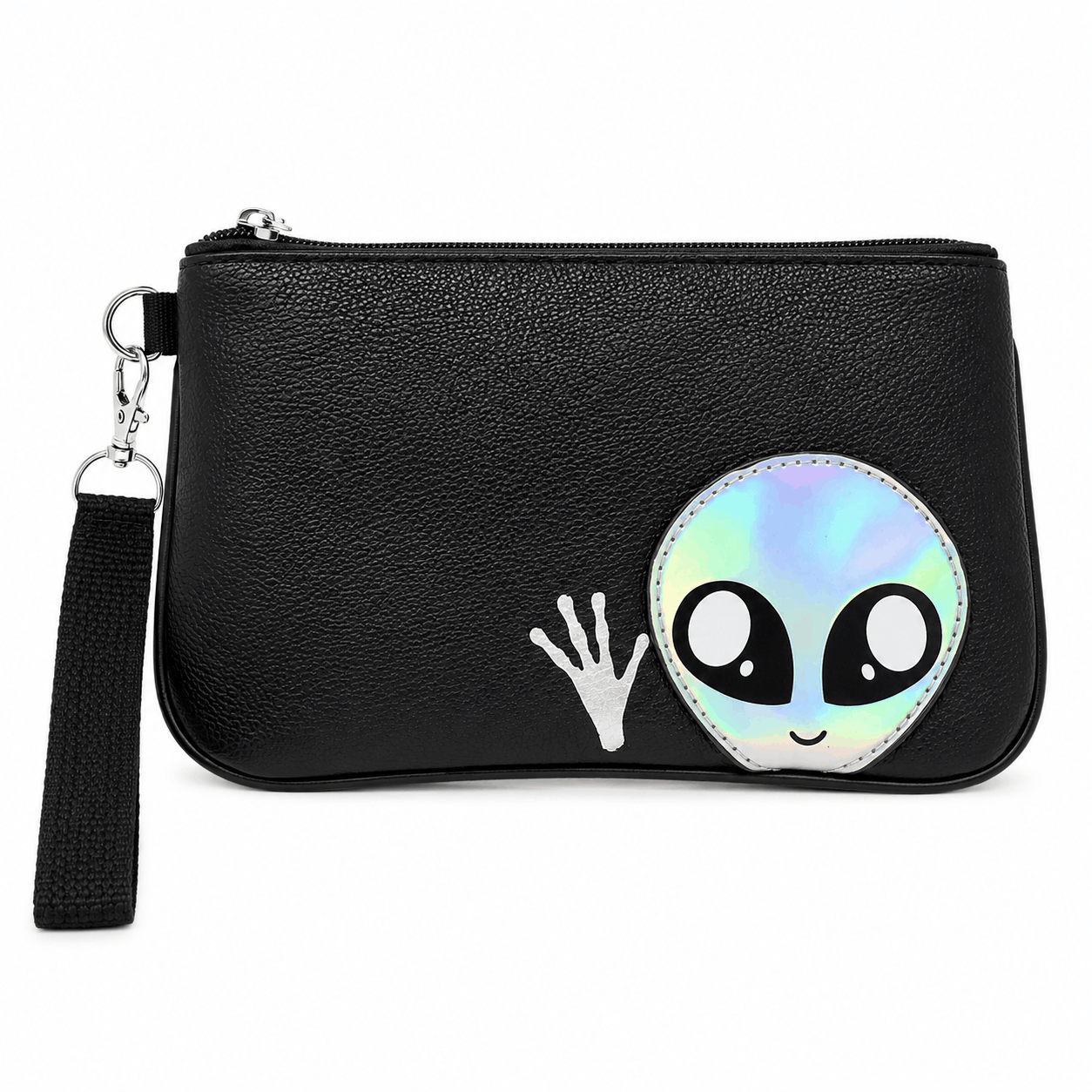 Front view of a black alien wristlet featuring a holographic alien design, detachable wrist strap, and secure zipper closure.