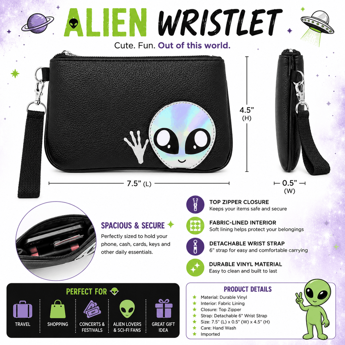Infographic highlighting the Alien Wristlet features including durable vinyl, fabric-lined interior, secure zipper, detachable wrist strap, and compact size.