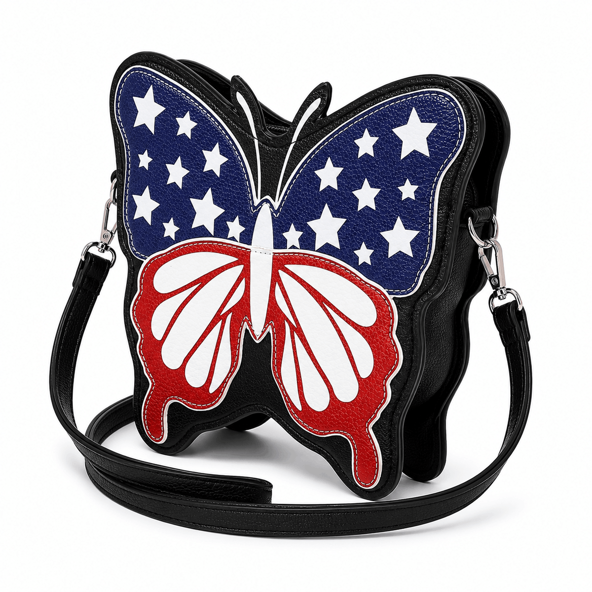 Angled view of an American flag butterfly crossbody bag with adjustable shoulder strap
