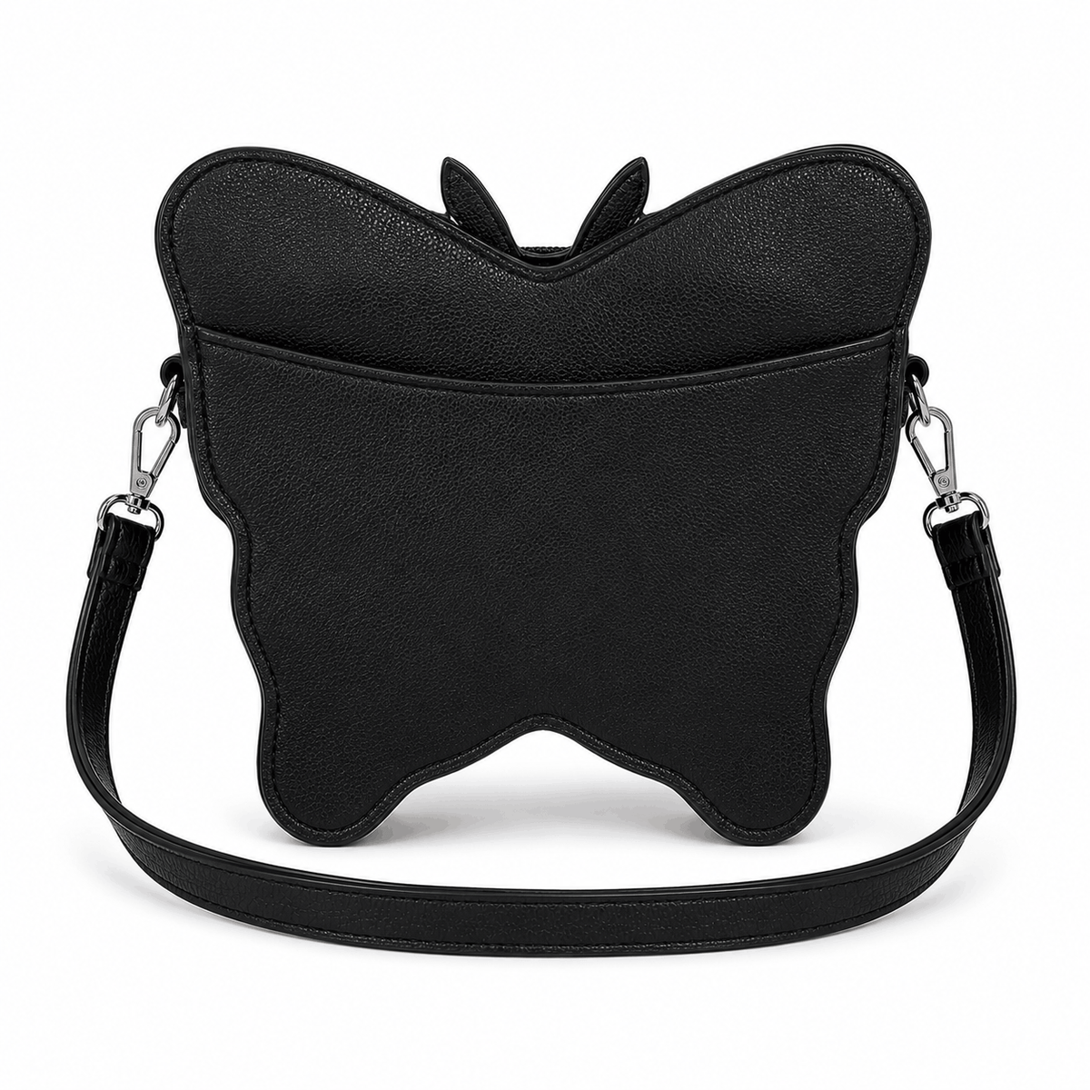 Back view of an American flag butterfly crossbody bag with black textured vinyl finish