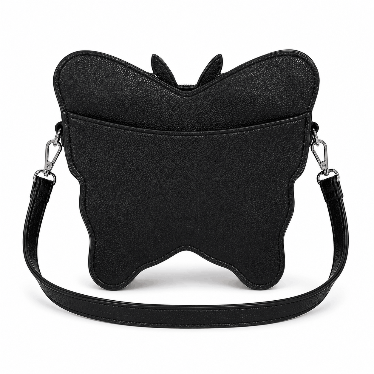 Back view of an American flag butterfly crossbody bag with black textured vinyl finish