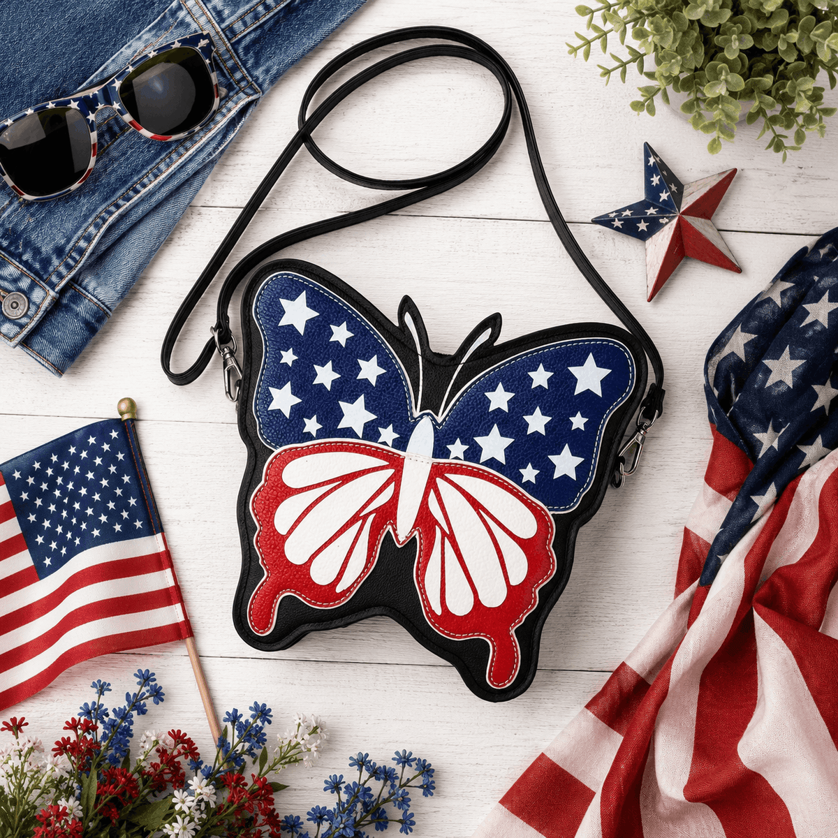 Flat lay of an American flag butterfly crossbody bag with patriotic summer accessories